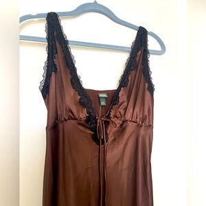 Satin lace trim midi slip dress